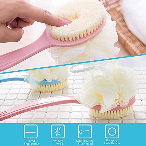 Image of 2-in-1 Loofah & Bristle Bath Brush - Curved Back Scrubber with Long Handle for Body Cleaning (Multicolour Mix)