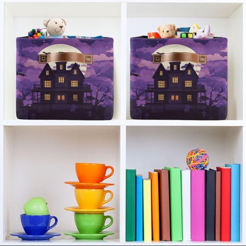 Image of Aslsiy Storage Basket Spooky Castle Halloween Moon Nursery Bins Purple Baby Box Canvas Clothes Shelf Basket Laundry Hampers 2 Pcs