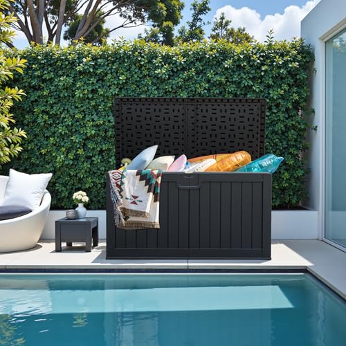 Image of Greesum 230 Gallon HDPE Outdoor Storage Box with Removable Dividers, Weatherproof Oversized Deck Box for Patio, Garage, Garden, Black