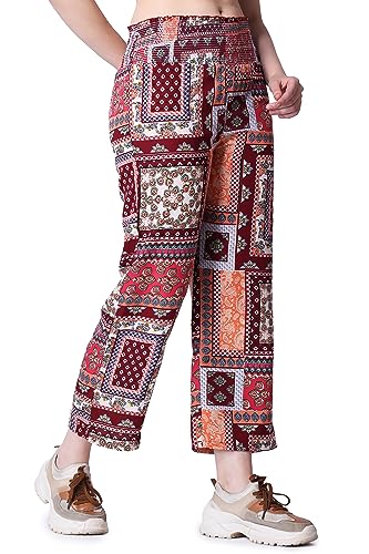 Image of POPWINGS Casual Boho Printed Side Wide Leg Trousers for Women || Summer Wear Comfortable Pull-On Women Trousers || Western Loose-Fit Trousers || Stylish Women Casual Trousers