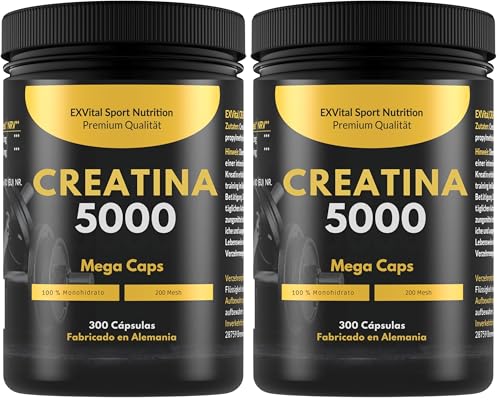 Creatina 5000 Mega Caps, 5000 mg creatina monohidratada/día, 300 cápsulas veganas, 100% pura, control laboratorio (Paquete de 2)