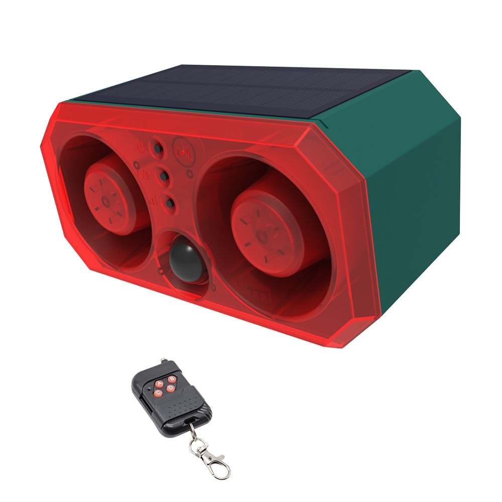 Kavolet Alarma Solar con Sensor de Movimiento para Exteriores con Mando a Distancia, 130 dB, Doble Altavoz, grabación de 13 Sonidos y Volumen Ajustable, luz de Alarma para Granja, luz de Flash Solar