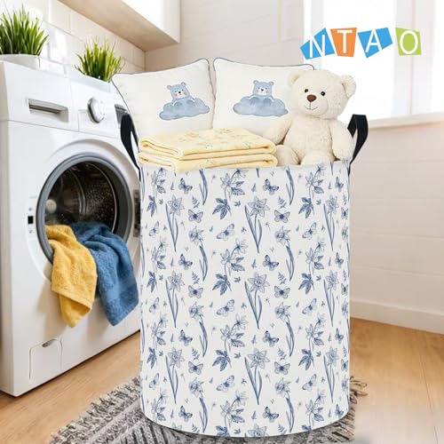 Image of 62L Blue Floral Butterfly Waterproof Laundry Hamper with Durable Leather Handle,Kids Collapsible Storage Basket for Nursery,Playroom, Bedroom(Indigo Flowers）