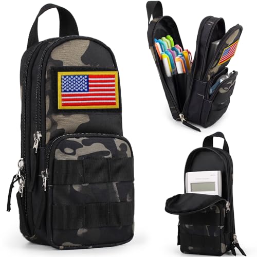 BERRYRIZZ Tactical Large Capacity Pencil Case Pen Pouch Organizer Canvas Pencil Bag with Handle School Supplies for Teen Boys-Black Camo