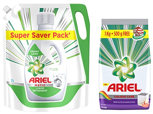 Image of Ariel Matic Liquid Detergent Front Load Refill Pouch, 2 Litre & Colour Detergent Washing Powder - 1 Kg With Free Detergent Washing Powder - 500 G