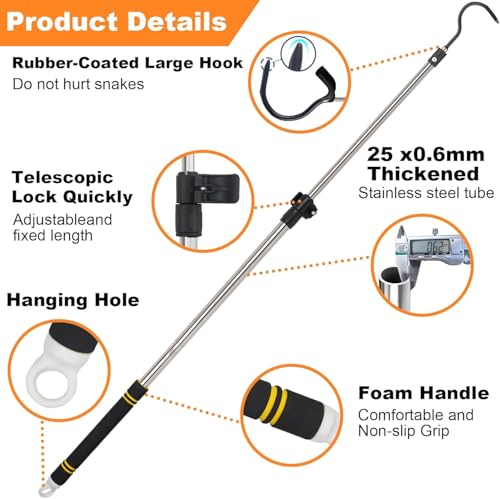 Image of Snake Hooks, Stainless Steel Snake Hook Extendable Handled Desigh for Removling Large or Small Snakes and Reptiles Rattlesnakes Python Copperhead Stainless Steel Handle 35 inch-65 inch