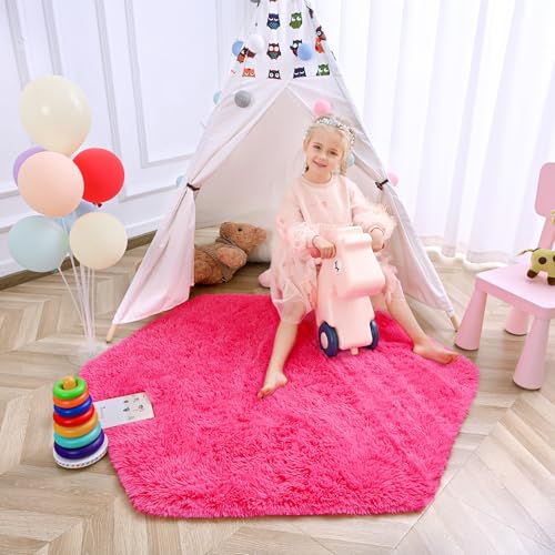 junovo Ultra Soft Rug for Nursery Children Room Baby Room Home Decor Dormitory Hexagon Carpet for Playhouse Princess Tent Kids Play Castle, Diameter 4.6 ft, Hot-Pink
