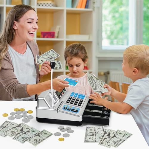 Image of Calculator Cash Register Toy Gift for Kids Age 3, 4, 5, 6, 7, 8+ Year Old, 103 Pcs Pretend Grocery Store Playset with Toy Cash, Microphone, Credit Card, Play Cash Register for Toddlers 4-8, Silvery