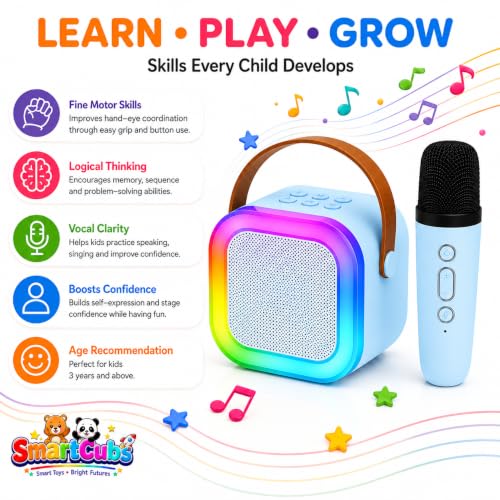 Image of Karaoke Speaker with Wireless Mic for Kids & Adults | Blue Bluetooth Karaoke Machine with RGB LED Lights, Rechargeable Portable Speaker, Stereo Sound | Birthday Gift for Girls & Boys