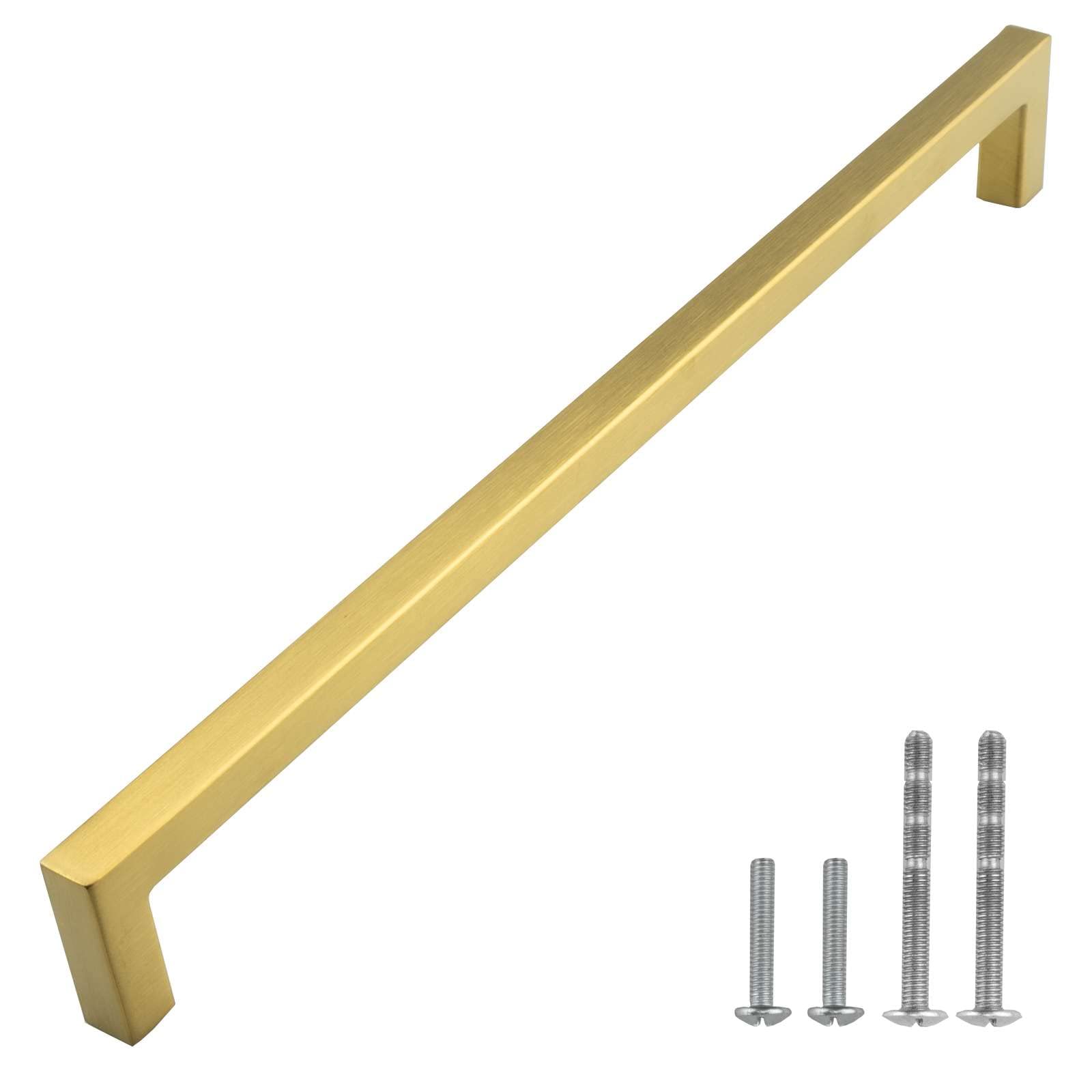 Modket Euro Square Cabinet Handle Pull 304 Stainless Steel — 8" Overall Length, 7-1/2" (192mm) Hole Centers, Brushed Satin Brass Gold— 15-Packs