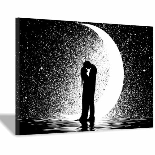 Tableau toile couple lunaire noir et blanc 40x60 cm encadré pour déco salon moderne