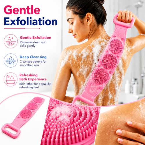 Image of Casa Zura Back Scrubber for Bathing, Silicone Body Scrubber for Bathing, Bath Belt Scrubber, Body Back Scrubber for Men & Women, Long Silicone Bath Brush for Exfoliating & Deep Cleaning, Pack of 2 multicolour