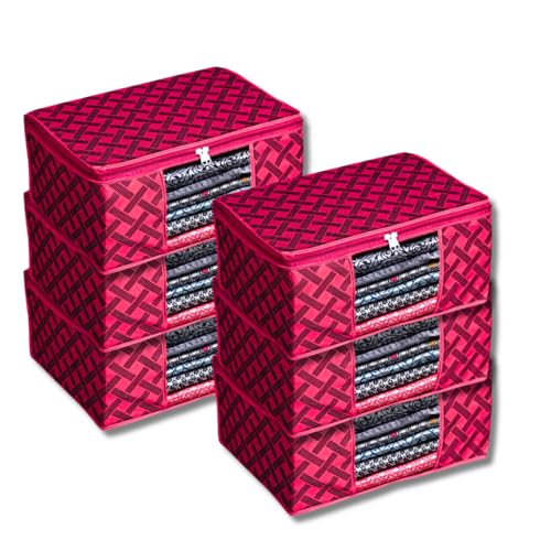 Image of Saree Organizer For Wardrobe - Foldable Saree Covers With Zip, Multipurpose Storage Bag For Suit, Lehanga, Dress Packing With Transparent Window, Pack of 6