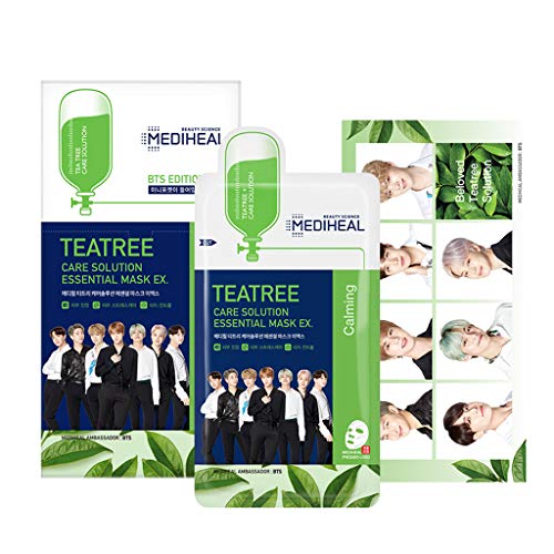MEDIHEAL [BTS Version] Tea Tree Care Solution Essential Mask EX 24ml 8 Pack - Group Shot 1EA + Individual Shot 7EA + Pocket Card/Skin Soothing & Sebum Control Mask Pack for Sensitive Oily Skin