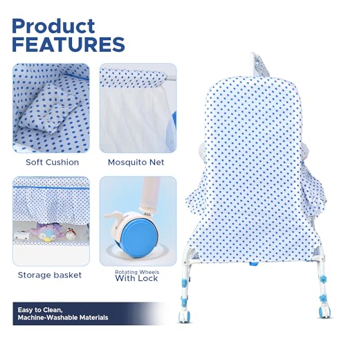 Image of BUBBLEBABY Baby Cradle | Jhula | Baggi | Palna | Ghodiyu | Ventilated | with Swing & Mosquito Net | 0-12 Months | Four Wheels with Brake | Storage | Polypropylene | Safe & Sturdy | Foldable | Blue