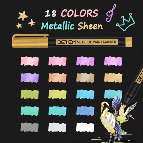 Image of Betem Metallic Paint Markers, 18 Colors Acrylic Metallic Markers for Black Paper, 2mm Medium Tip Glitter Pens Scrapbooking Supplies, Teacher Appreciation Gift, Rock, Photo Albums, Card Making Kit