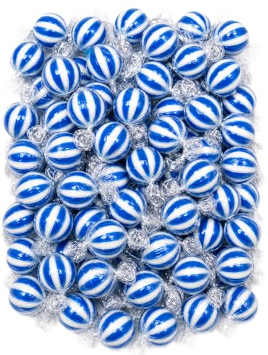Jumbo Blue Raspberry Striped Candy Balls - 1 lb of Fresh Individually Wrapped Blue White Sweet Hard Candy Suckers