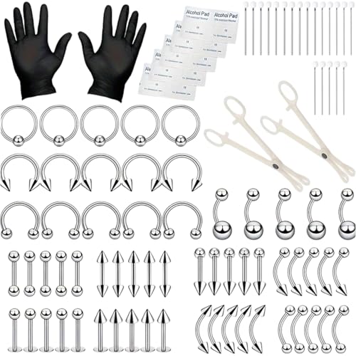 94 PCS Piercing Kit Ear Piercing Needles 14G 16G with 60 Pcs Jewellery for Nose Ear Piercings Belly Button Lip and Eyebrow Body Jewellery & Piercings Tools Set with Piercing Clamps Gloves