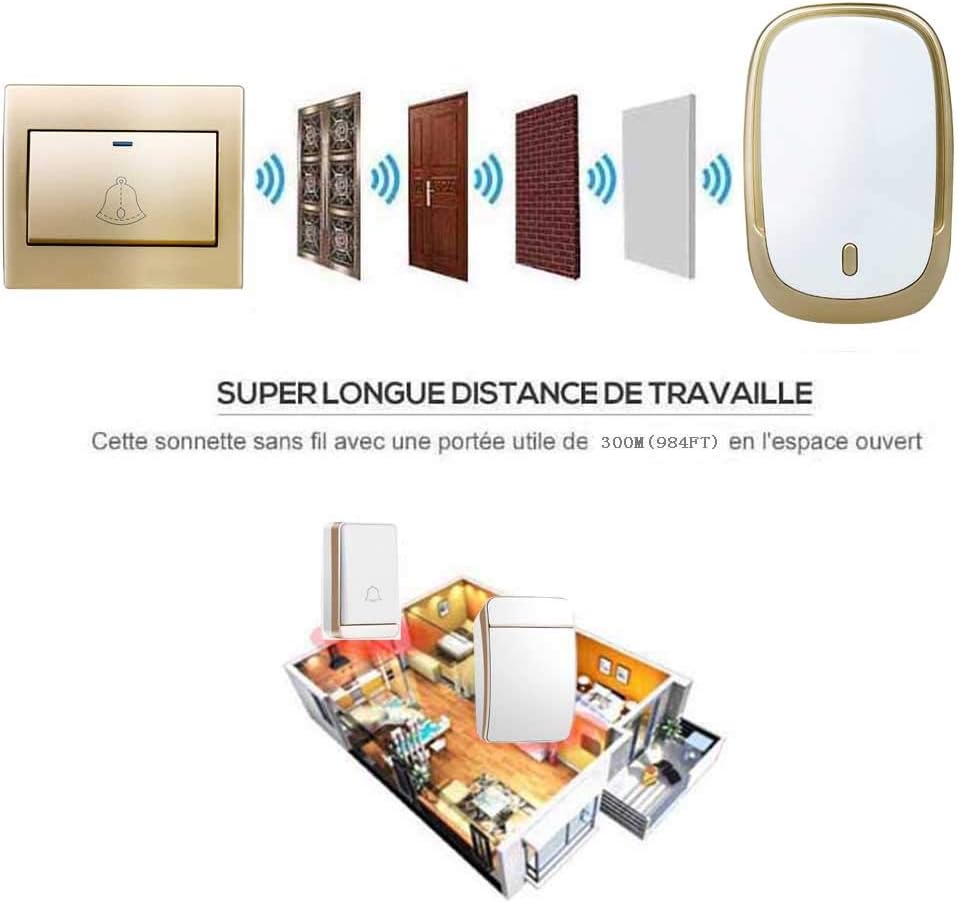 Wireless Doorbell Waterproof, 300M Transmission Range Ac Wall Plug-in Cordless Doorbell, 1 Transmitter 4 Receivers, 36 Music Ringtones/Flashing Reminders / 4 Volume Levels,Gold,S,Gold