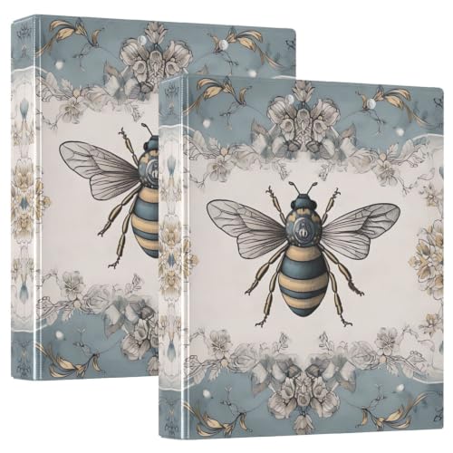 Classeur à trois anneaux avec motif floral d'abeille vintage et porte-bloc rigide intégré
