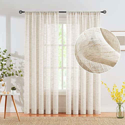 Image of Treatmentex Linen Semi Sheer Curtains for Living Room 84inch Natural Farmhouse Curtain Panels for Bedroom Office Rustic Privacy Curtain Drapes for Kitchen Dining Room Rod Pocket Beige 52 inch 2 Panels