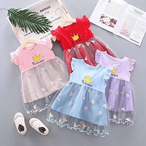 Image of Bold N Elegant Baby Girls Princess Dress with Soft Mesh Net Overlay | Short Sleeve Toddler Party Dress | Cute Crown Print Casual Frock for Infant & Kids | Summer Birthday Outfit for Girls
