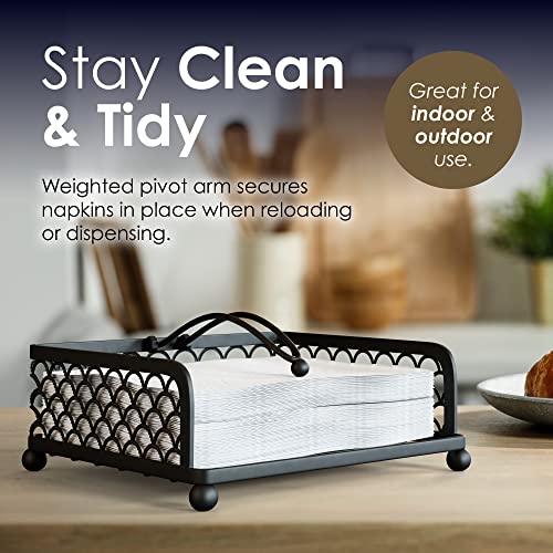 Elegant Flat Paper Napkin Holder With Dispenser Arm - Napkin Holders For Table, Kitchen, Countertops & Outdoor Tables - Square Metal Lattice Basket Dinner Napkin Holder -Napkins Dispenser (Black) #TOP4