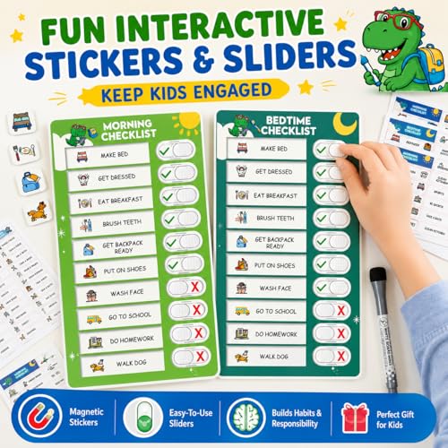 Image of Upgraded Slider Morning /Bedtime Routine Chart for Kids Toddlers - Magnetic Kids Chore Chart for 2 Kids, Dry Erase Chore Chart for Kids, Visual Schedule for Kids