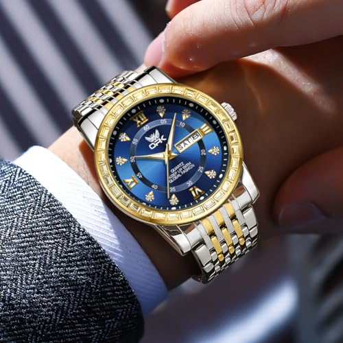 Image of OPK Watches for Men Diamond Roman Analog Mens Watches Waterproof Large Stainless Steel Men Wrist Watch Business Father Gift Watch Blue