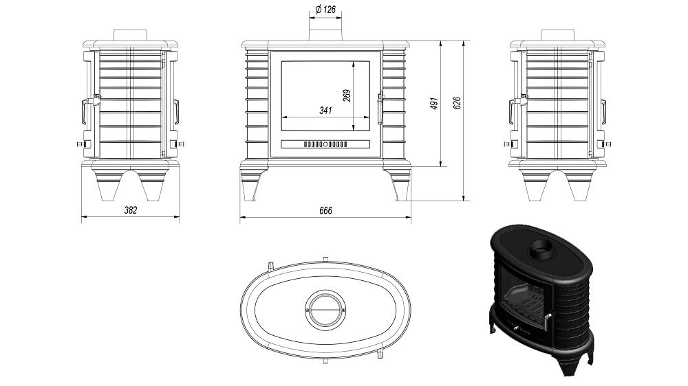 KRATKI Stufa a legna in ghisa KOZA K8 9,9 kW Ø150 tunnel A Stufe Svedesi | Ghisa nero, efficienza 75,2%, classe A. Ecodesign.; Gamma di potenza 5-11kW; combustione efficiente; basse emissioni