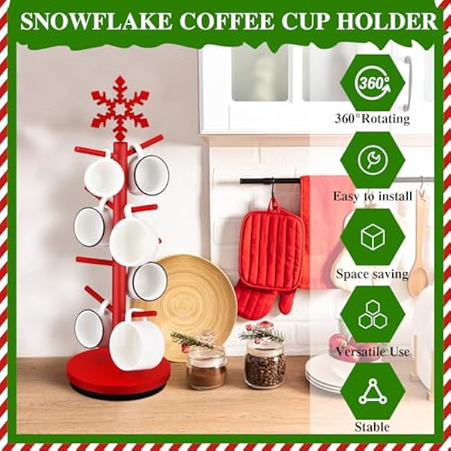 Coffee Mug Holder Tree Upgraded 360¡ã Rotated 8 Hooks Mug Holder for Countertop Black Cups Storage Rack Wood Coffee Cup Rack for Christmas Kitchen Accessories(Snowflake)