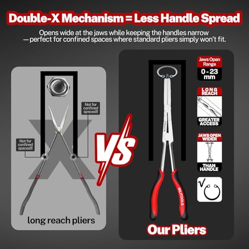 Image of BILITOOLS 13 inch Long Reach External Snap Ring Pliers, Double Joint | Long Circlip Pliers For External Retaining Rings, Wide Jaw Opening And Tight Space Automotive Ring Removal