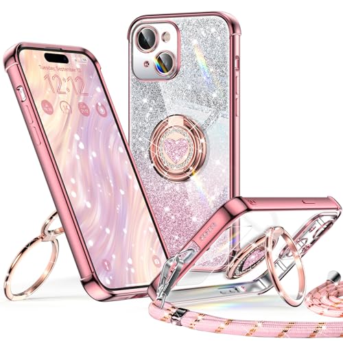 XYZ Cover per iPhone 15, Custodia con Cuore Doppio Anello Stand Lusso Glitter Cellulare, Donne Antiurto Placcato Morbido Protettivo Chiaro iPhone 15, Oro Rosa