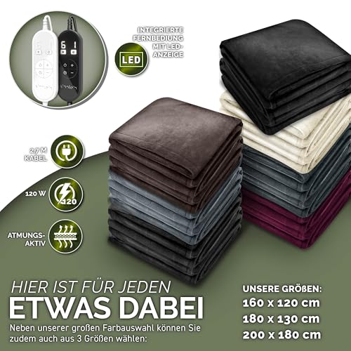 sinnlein® Heizdecke aus Plüsch 180 x 130 cm | elektrische Wärmedecke mit Abschaltautomatik | Kuscheldecke | Timerfunktion | 9 Temperaturstufen | waschbar bis 40°C | Digitalanzeige