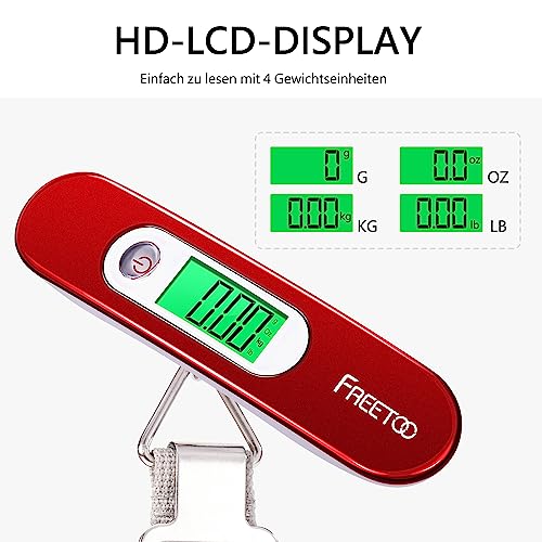 [Digitale Kofferwaage] FREETOO Gepäckwaage tragbare Hängewaage LCD-Anzeige mit Hintergrundbeleuchtung Tara-Funktion praktisch für Reisen/Familienleben bis 50KG (Rot) 4