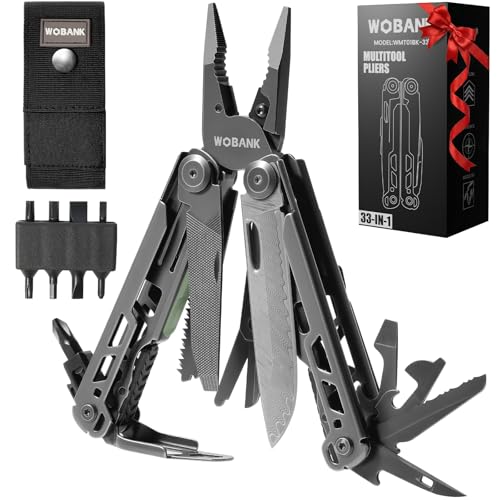 WOBANK Multitool, 33-in-1 Stainless Steel Multi Tool Pliers with Screwdriver Sleeve, Damascus Pocket Knife, Nylon Sheath for Outdoor, Survival, Camping, Hiking, Simple Repair