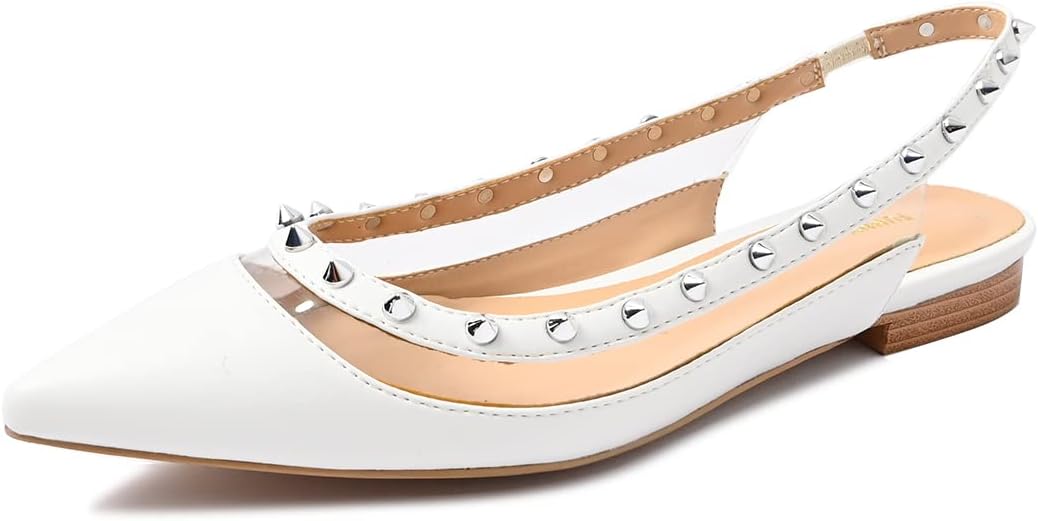 FSJ Women Leather Pointed Toe Low Heel Pumps Comfortable Slip on Slingback Flats Office Dress Shoes Size 4-12 US