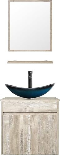 eclife Juego de lavabo de tocador de baño de 24 pulgadas, montaje en pared, color gris hormigón, cubierta de fregadero de vidrio templado, con grifo