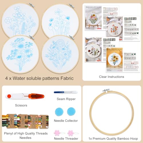 Image of KintKita Floral Embroidery Kit for Adults 4 Sets, Easy DIY Embroidery Kits for Beginners Stamped Cross Stitch Practice Kit, Includes Stamped Flower Pattern, Hoop, Color Threads,Tools