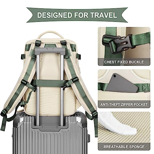 Image of coowoz Large Travel Backpack for Women Men,Carry On Backpack Flight Approved,Hiking Backpack Outdoor Rucksack Casual Daypack Fit 15.6 Inch Laptop Shoes Compartment White Green L