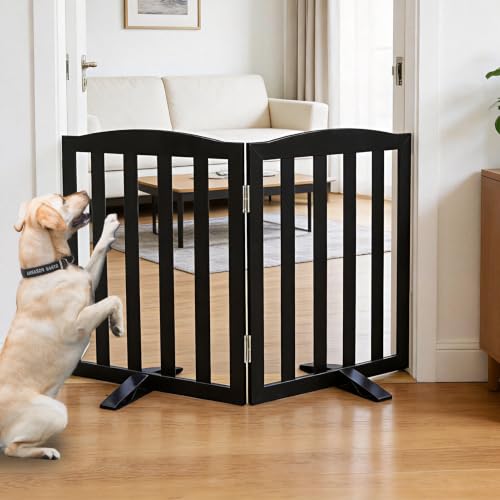 SFJC Freestanding Dog Gate Indoor,Doggie Gate Foldable Pet Gates for Doorways,Stairs or Hallways, Wooden Black Pet Gate for the House, Pet Fence with Support Feet Included,24 "Height-2 Panels
