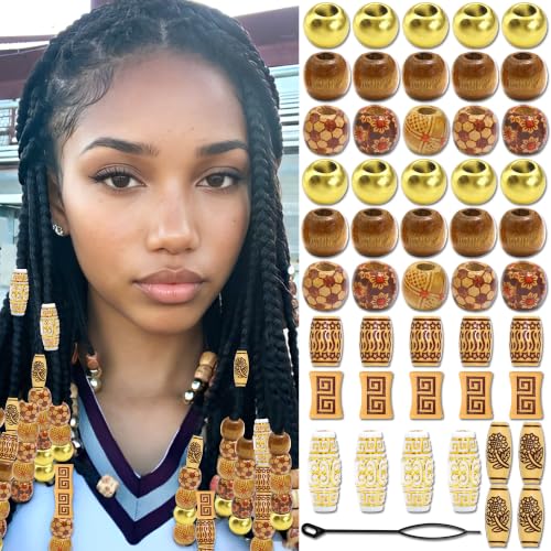 Image of VENOFEN 60PCS Wood Hair Beads Loc Dreadlock Jewelry