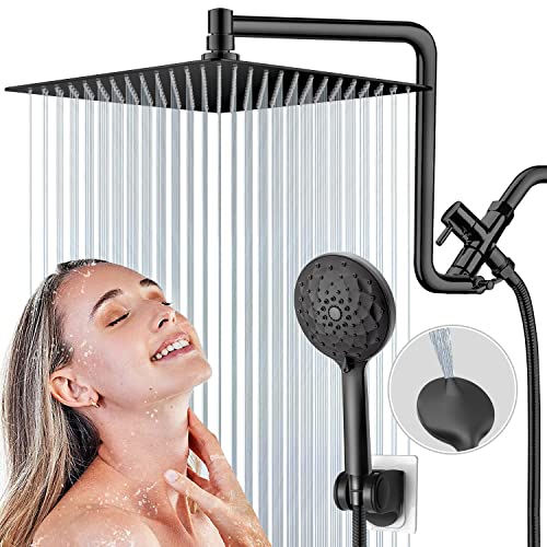 Pinwin 12'' Shower Head,Upgraded Rain Shower Head With 12'' Adjustable Extension Arm And 6-Setting Handheld Shower Head Combo,Powerful High Pressure Shower Spray Against Low Pressure Water,Matte Black #TOP9