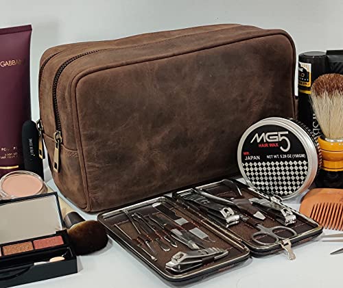 Rustic Town Genuine Leather Travel Toiletry Bag - Dopp Kit Organizer (Dark Brown) #TOP5