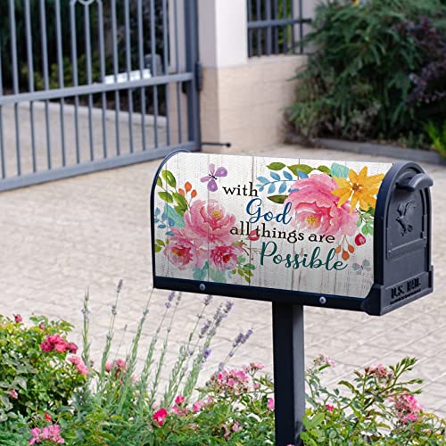 Image of Spring Summer with God All Things are Possible Mailbox Cover Magnetic Standard Size 20.5 inchx18 inch, Religious Peony Flower Post Letter Box Wrap Decor Inspirational Outdoor Garden Yard Decoration
