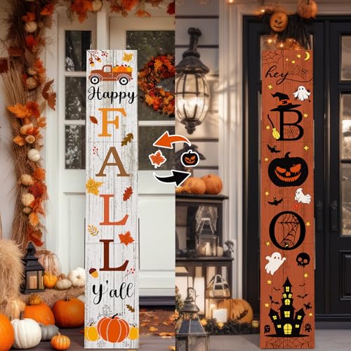 2 in 1 Fall Porch Sign Decor 47 Double Side Halloween Hey Boo Wooden Porch Decor Large Happy Fall Yall Outdoor Welcome Sign Farmhouse Halloween Decorations for Front Door Home Wall Hanging Yard