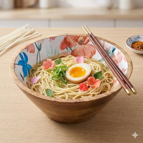 Image of SAAGA Printed Mango Wood Serving Bowl - 10 x 4 Inch Handcrafted Round Wooden Bowl | Food-Grade Finish for Noodles, Soups, Curries & Snacks - Canyon Clay