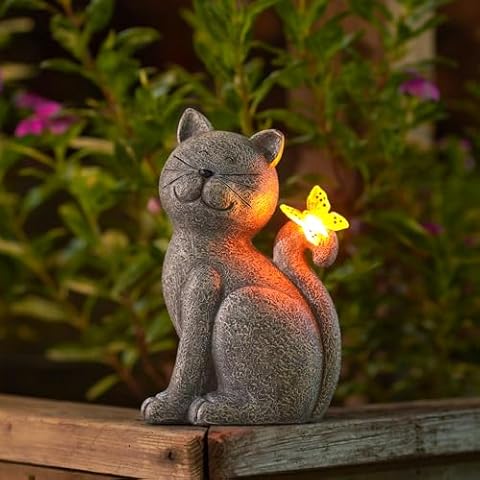 Solar Cat Statue with Butterfly Ornament Cover