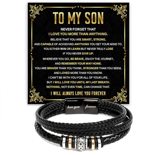 To My Son Bracelet – Love You Forever Braided Leather Bracelet from Father and Mother, Meaningful Men’s Gift with Heartfelt Message & Elegant Box for Birthday, Graduation, Christmas