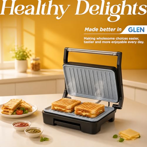Image of Glen Press Grill Sandwich Maker | Heavy-Duty Ceramic Non-Stick Plates | PFOA & PTFE Free | Healthy Low-Oil Cooking | Non-Toxic Surface | Oil Collector Tray | Strong Safety Handle | 2-Year Warranty